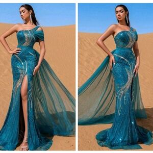 Teal One-Shoulder Embellished Evening Gown